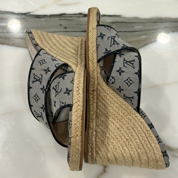 Louis Vuitton Navy Logo Canvas Espadrille Wedged Sandals- 39 - Picture 7 of 11